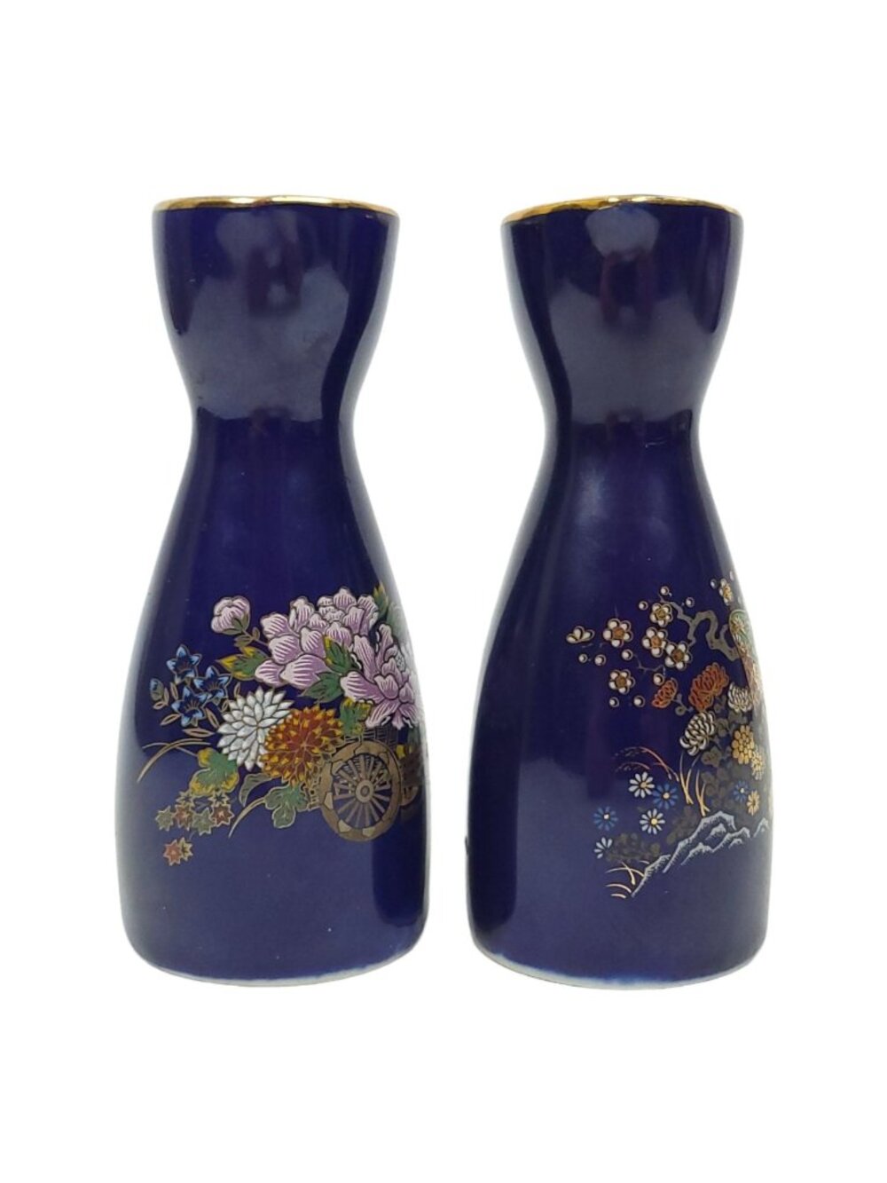 Japanese Kutani Style Cobalt Blue Ceramic Sake Carafe Set Flower Vintage Japan